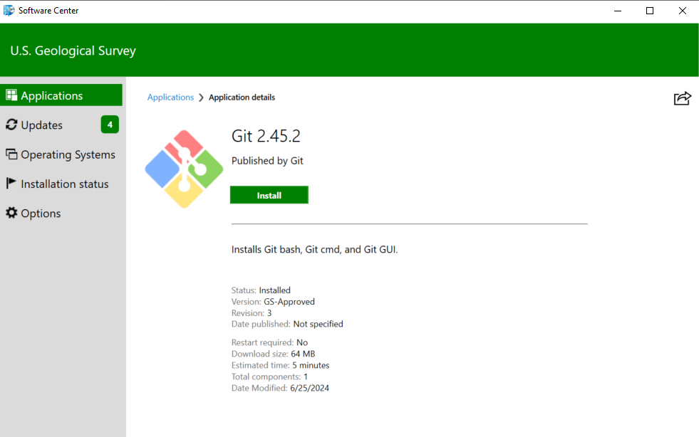 Screenshot of Software Center Git Install Button