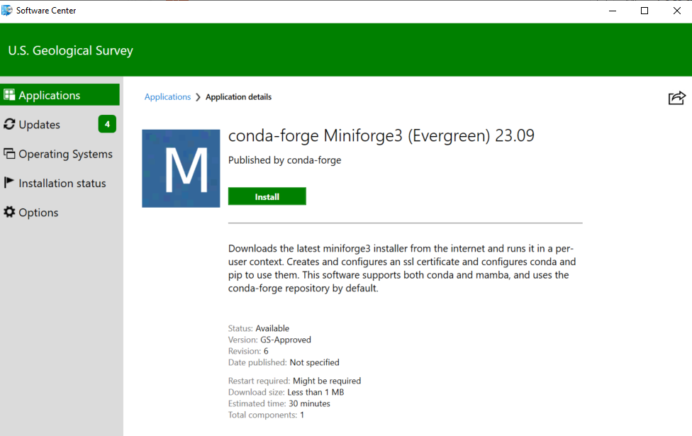 Screenshot of Software Center Miniforge Install Button